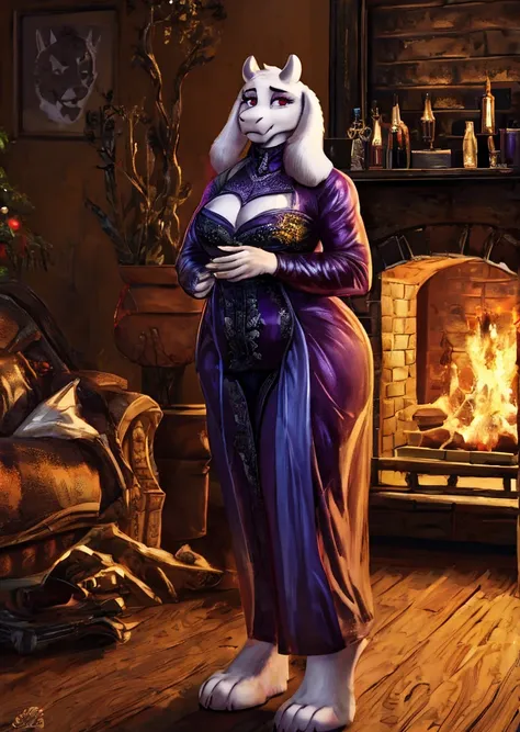 toriel, dressed like LadyDimitrescu, ((masterpiece)), ((HD)), ((high quality)), ((furry; anthro)), ((detailed fur)), ((detailed shading)), ((beautiful render art)), ((intricate details)), {anthro goat; white fur, white nose, cute maroon eyes, (short eyelas...