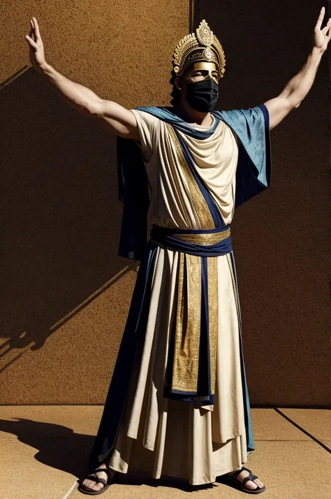 Greek Theater Actor, let it be a man.
outfit: Greek tunic, sandals, with theatrical mask of comedy and tragedy, that the mask covers the entire face.
pose: dramatic declamation, one arm extended towards the sky and the other arm on your chest, grabbing it....