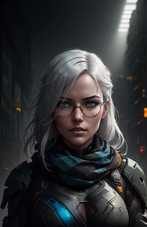 (dark shot:1.1), realistic epic, portrait of halo, oculos de sol, blue colored eyes, plaid scarf, white hair by Atey Ghailan, by greg Rutkowski, by greg tocchini, por James Gillard, por Joe Fenton, by Kaethe Butcher, yellow gradient, blackw, brown and mage...