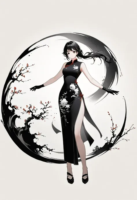 Artistic ink painting，Three-dimensional ink painting，Minimalism，Minimalist graphics，Minimal Art，Chinese anime girls，whole body，Chinese style，antiquity，Ink Painting，cheongsam，Black long hair，Black and white background，古韵White Space，White Space，大面积White Spac...