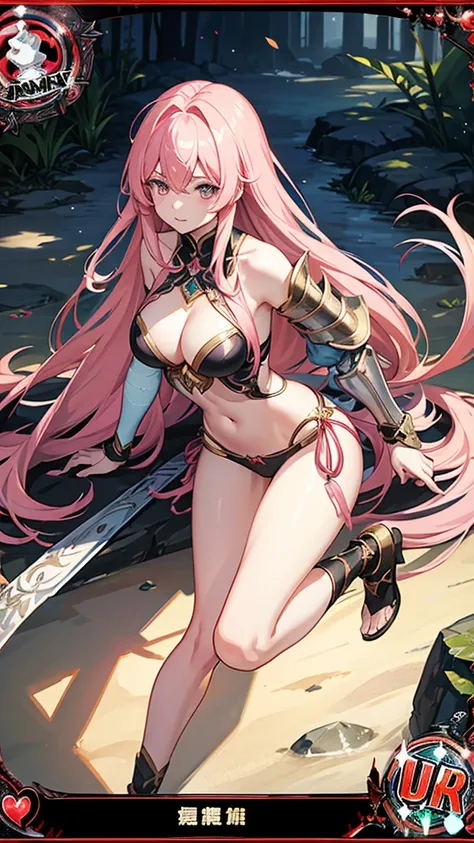 A portrait of a female character with long hair and a pink wig. inspired by Li Chevalier, Destaque no Pixiv. Fantasy art featuring a female knight wearing bikini armor. trading card art, cushart krenz arte chave feminino, 极其详细的Artgerm, shadowverse style, l...