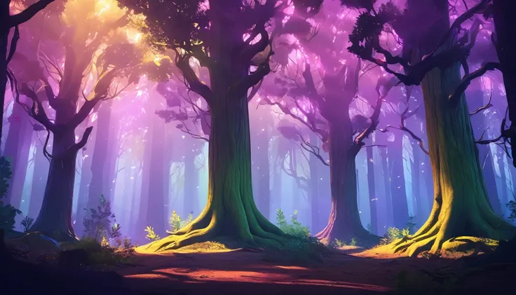 "Digital 3D animation style illustration of a touching scene with three sick trees looking fearful in a dark forest. Despite the somber setting, the colors are vibrant, and the overall atmosphere is joyful and uplifting. The style is similar to popular ani...