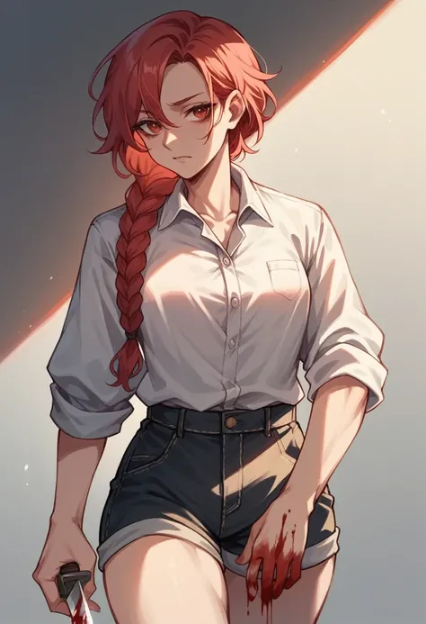 Our character has red hair, braided hair and blood streaks, a knife in his hand and shorts and a blouse. 