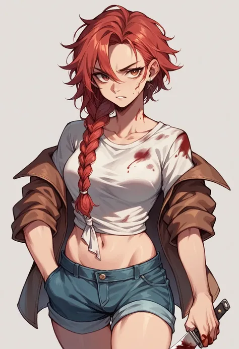 Our character has red hair, braided hair and blood streaks, a knife in his hand and shorts and a blouse. 