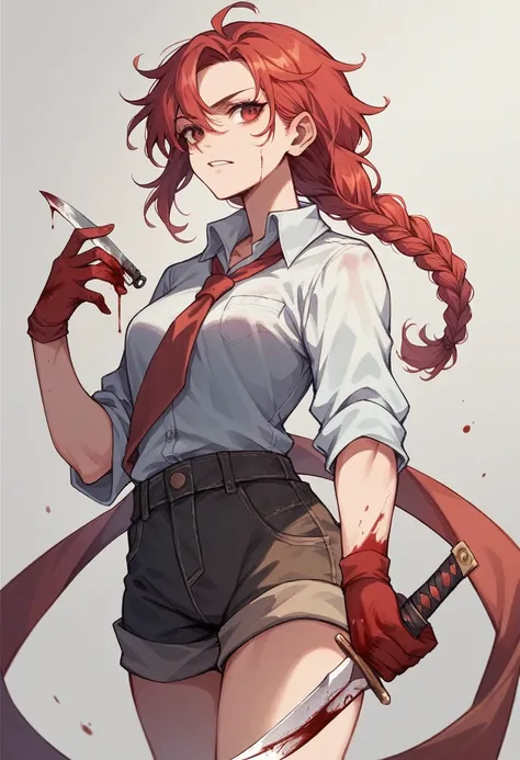 Our character has red hair, braided hair and blood streaks, a knife in his hand and shorts and a blouse. 