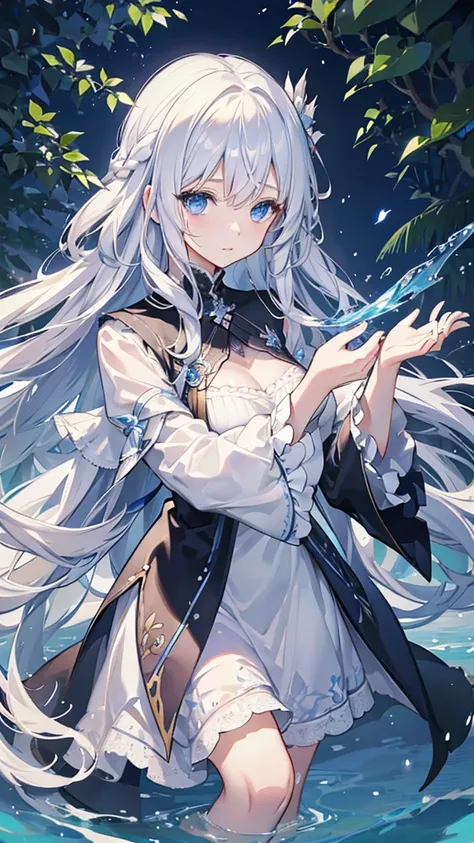 White hair and blue eyes、adult、Long, fluffy wavy hair、Braiding、Wearing hair ornaments、Princess、White Hand、Wearing a lace dress、Being in the water、Fantasy