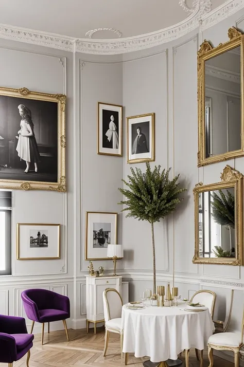 Salon grand avec un grand canapé dangle en velours, des photos sur le mur, une grande télé en face du canapé, dautres éléments de déco qui vont bien dans un salon, des éléments colorés et fun mais les murs doivent être blanc. Décoration maximaliste