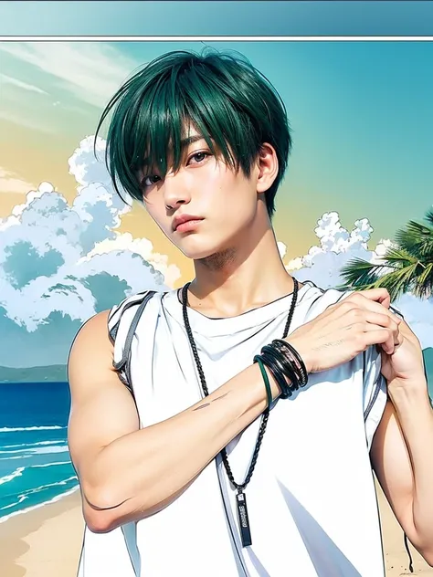 realistic looking japanese teenage boy, teal green eyes with long underlashes, thick dark green hair with bangs, lightly textured skin, wearing a white t-shirt with folded sleeves, hair tie as bracelet