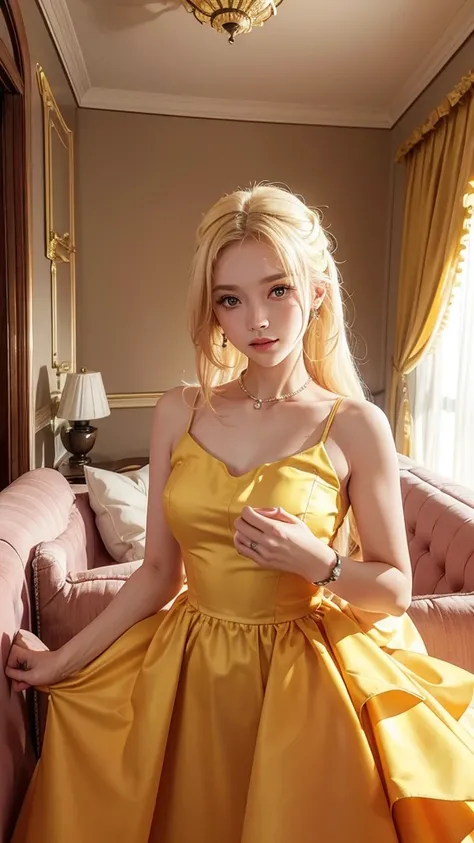 a blonde crespa,ucranian 18 years in a yellow dress,metálic collar pet, posing for a picture in a living room with a white couch and a orange curtain, private press, , a hologram, pink