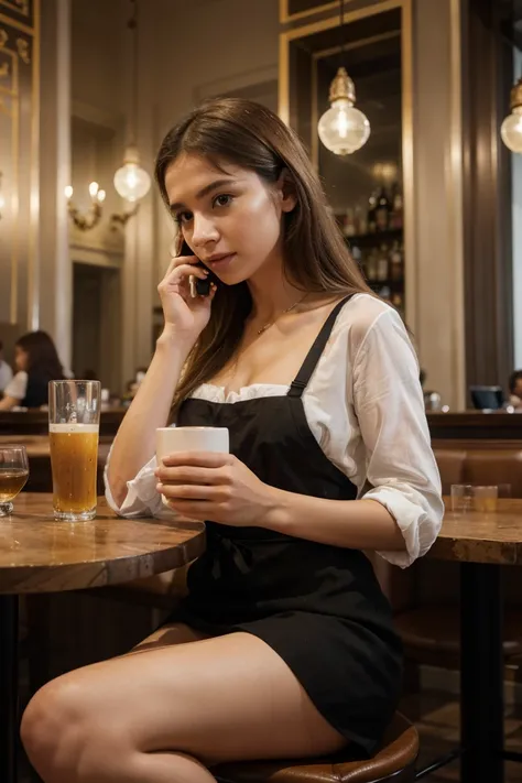 woman eating in a city all alone in a brasserie interior. Dressed in fashionable summer style. Phone photo light. Detailed decor without blur, SANS FLOU, D2TAILLE, Telephone angle, lumiere telephone, photo qualité iphone, voyage a létranger, effet storie i...