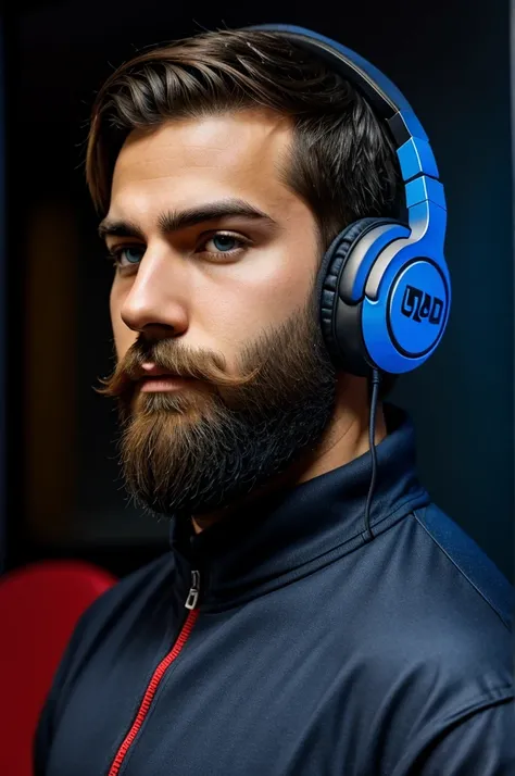 short hair gamer boy with beard and headphones on gamer background