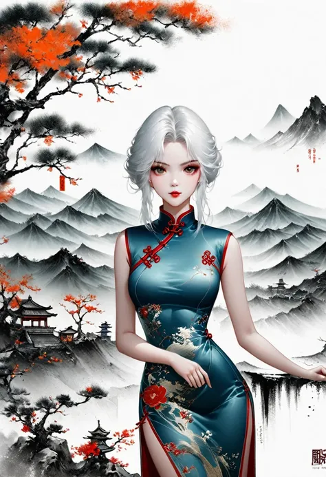 (Lots of white space:1.5)，(Lots of white space around:1.6), White background, simple, Minimalism, abstract,Freehand，Aesthetic，black and white，Ink Painting，antiquity，a mountain，A girl drinking tea in the distance，(cheongsam:1.7),A beautiful artistic illustr...