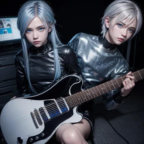 a young warrior with silver hair with blue highlights and sparkling blue eyes, black skin guitar body in anime style