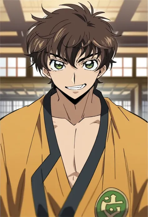 score_9, score_8_up, score_7_up, source_anime, rating_safe, intricate details, , looking at viewer, depth of field, 1boy, solo, male focus, suzaku_kururugi, brown hair, green eyes, upper body, dojo, noon, skin fang, big cock,cool grin