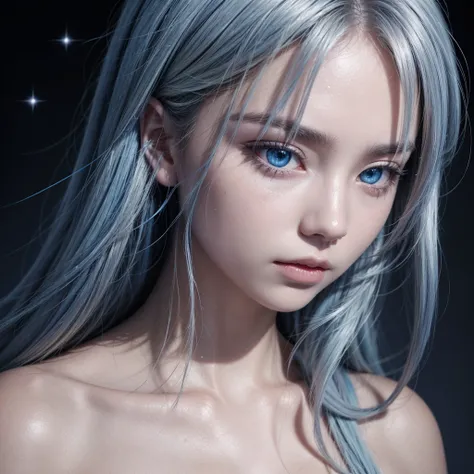 a young warrior with silver hair with blue highlights and sparkling blue eyes, black skin in anime style