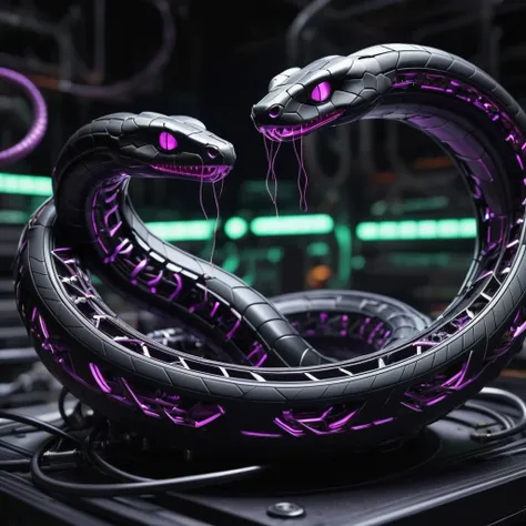 A high-resolution image of a mechanical snake, intricately designed and powered by a glowing purple nuclear core. Its body is made of matte black metal segments, connected seamlessly. The snake is interlaced with wires, cables, and pipes running along its ...