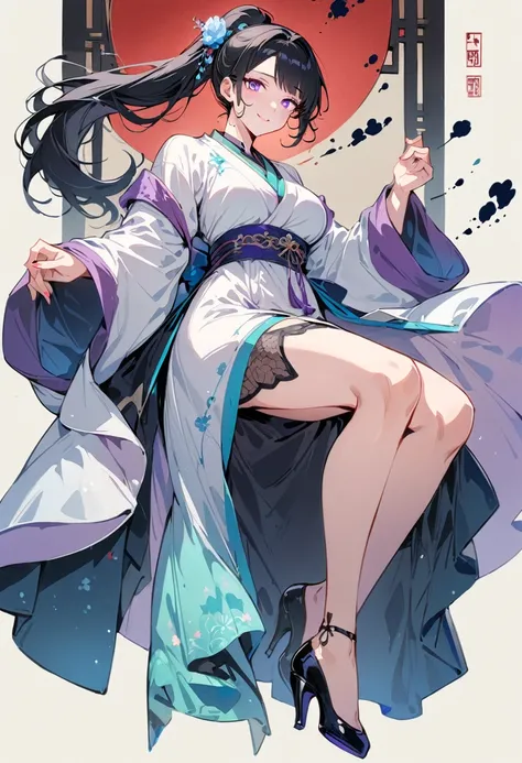 (masterpiece, best quality:1.2), 1 woman, Hanfu, （Dress conservatively：1.3）, (delicate and beautiful face:1.8), mature, laugh, black hair, hairpin, purple eyes, beautiful bridge, (ink stain) beautiful portrait, clothing ink style, traditional china paintin...