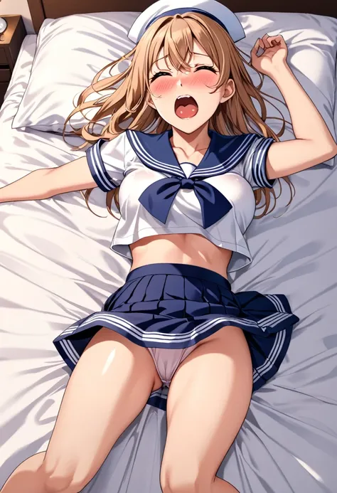 A woman is pushed down on the bed and looks embarrassed, on her back, wearing a sailor suit, breasts visible, skirt pulled up for sex, panties visible, missionary position, erotic face,POV, mouth wide open and screaming, face Blushing, pleasure face.