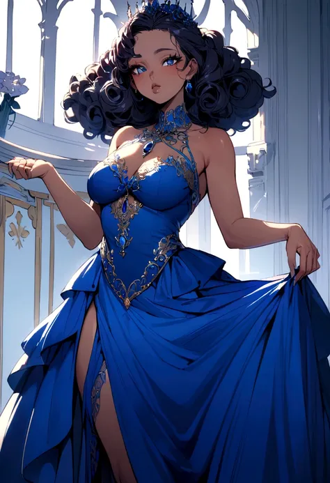 mixed race woman, medium breasts, curly hair, fleshy lips, wear a sublime slipper dress blue dress 