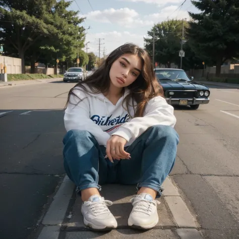 Arafed woman sitting on the side of the street with a car in the background, Portrait of Sophie Mudd, she wears street clothes, :: Madison Beer, Madison Beer girl portrait, Madison Beer, girl in a sweatshirt, woman in street clothes, Isabella Moner, Cather...