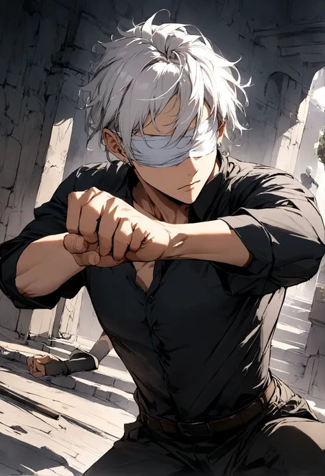 1 boy, white blindfold, short white hair, tight black shirt, white earrings, combat stance