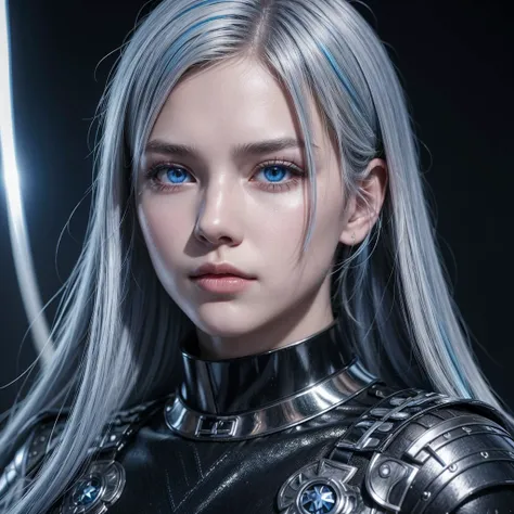 a young warrior with silver hair with blue highlights and sparkling blue eyes, black skin in counterfeit style