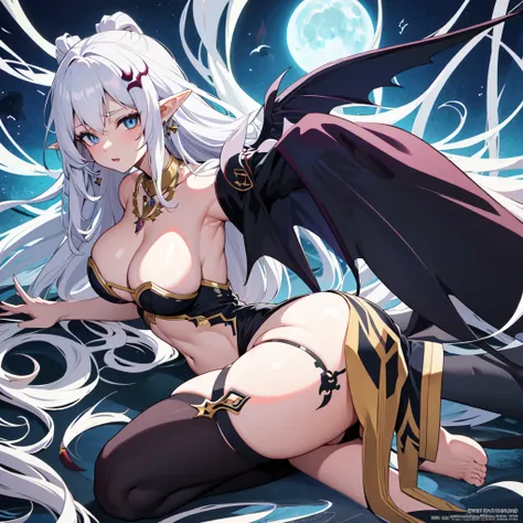 solo, behind, wide hips, anime girl with long hair and elf ears, elf ears girl, solo, seductive anime girl, very beautiful anime succubus girl, cute anime succubus, cute anime bat wings, white haired goddess, cute anime succubus, pale skin, massive breasts...