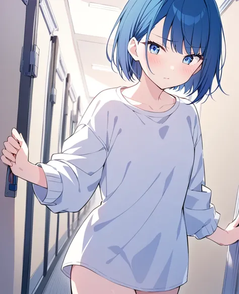 One girl,alone,kiritani haruka,Blue Hair,Blue Eyes,project sekai,Short Hair,cute,cute,nsfw,shirt,corridor