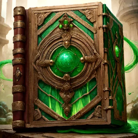 The Grimoire is of considerable size, often large enough to require both hands to carry. Its cover is adorned with intricate magical symbols and patterns that seem to shift and change when observed closely. has green flowing energy,  realistic, ultradetail...