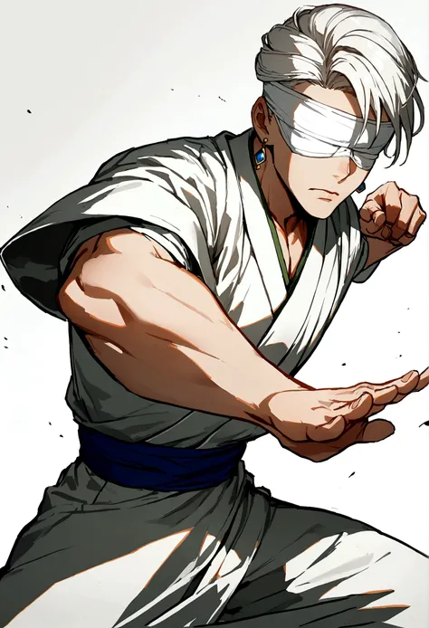 1 boy, white blindfold, short white hair, kimono branco, white earrings, combat stance