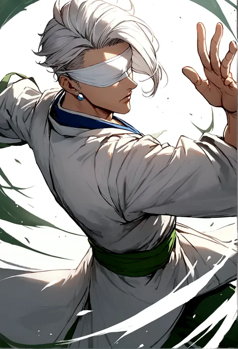 1 boy, white blindfold, short white hair, kimono branco, white earrings, combat stance