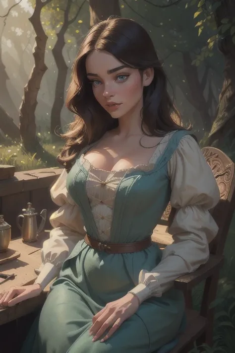 a beautiful and sexy Belle, beautiful detailed eyes, beautiful detailed lips, extremely detailed face, long eyelashes, medieval workers clothes, french countryside, enchanted forest, warm lighting, cinematic composition, dramatic lighting, high fantasy, fa...