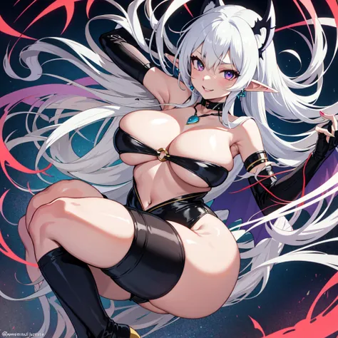 solo, behind, wide hips, anime girl with long hair and elf ears, elf ears girl, solo, seductive anime girl, very beautiful anime succubus girl, cute anime succubus, cute anime bat wings, white haired goddess, cute anime succubus, pale skin, massive breasts...