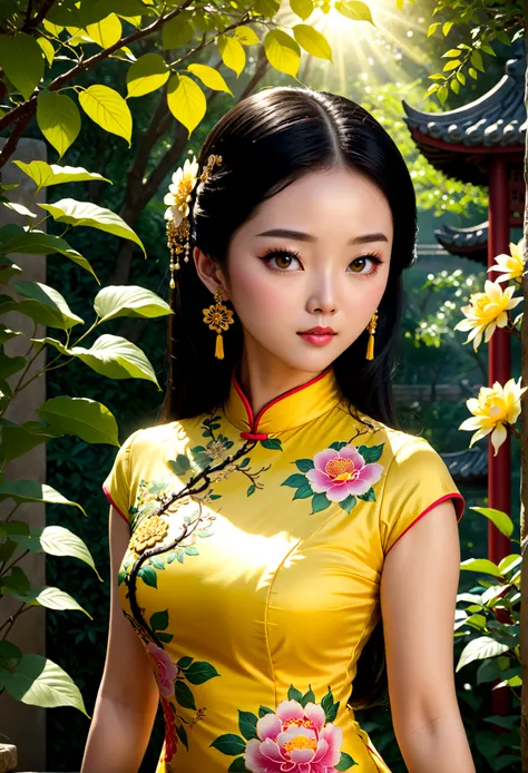 1girl, Cheongsam, Qipao, A woman wearing a beautiful yellow cheongsam, long black hair, elegant, graceful pose, detailed facial features, glowing skin, ornate jewelry, outdoor garden setting, sunlight filtering through trees, lush greenery, intricate flora...