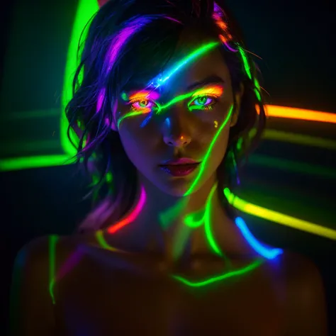 made full portrait unique photography with light and painting. Using Fluorescent materials to form abstract patterns that are implemented on the pretty japanese women face with dynamic pose. Phosphorescent materials store light and release it slowly. glow ...