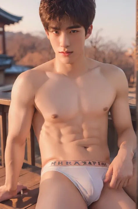 Photorealsitic, 8K full body portrait, body, a handsome, 18-year-old boy, A charming expression, detailed face details, topless, sexy, Brief underwear, TOKYOcty, Winters, Zoom in for a close-up, hot spring in japan