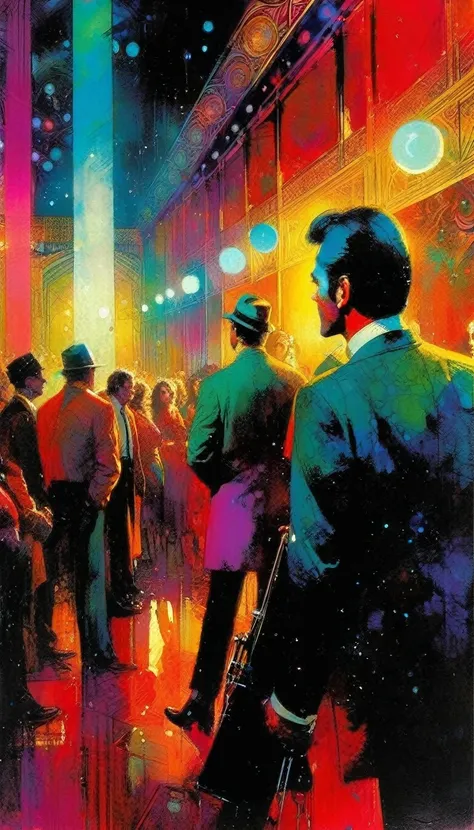 club, artwork inspired by Bill Sienkiewicz, vivid colors, intricate details, oil.
