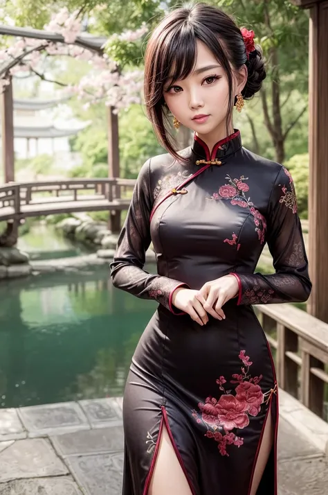 Create a highly detailed and elegant Cheongsam (Qipao) design. The dress should feature intricate floral embroidery, traditional Chinese patterns, and a high collar. The fabric should be silky and glossy, with a rich, deep red color that symbolizes good fo...