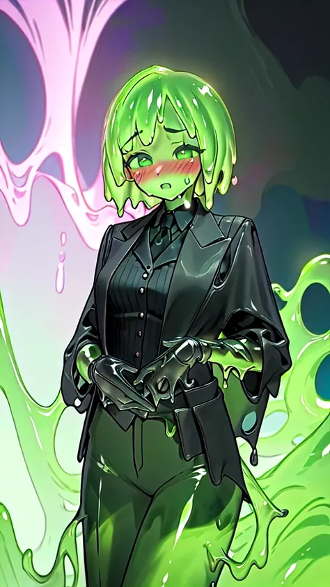 Office background, a beautifully detailed slime girl with luminous green eyes, blushing cheeks, shocked expression, standing gracefully in a masterpiece-level illustration, ultra-detailed and high-resolution, 1boy, black business suit, office background, 8...