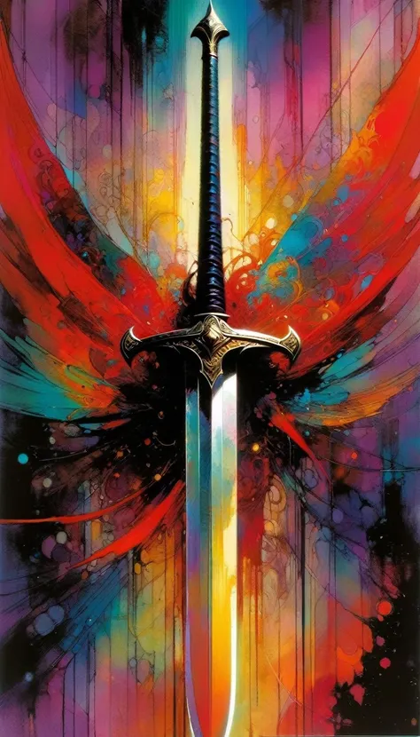 sword, artwork inspired by Bill Sienkiewicz, vivid colors, intricate details, oil.
