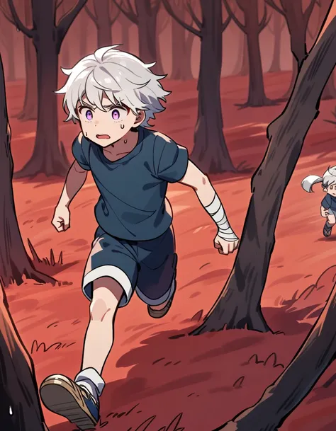 little Greek boy with white hair, violet eyes, with bandaged wrists, sweating and running in a red forest with dead trees