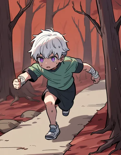 little Greek boy with white hair, violet eyes, with bandaged wrists, sweating and running in a red forest with dead trees