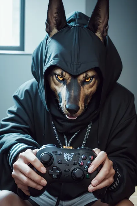 Anubis face holding a video game controller