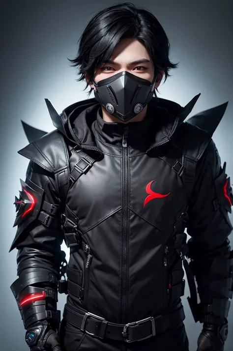 gamer boy, Bblack hair, MASK IS HOUGH WITH RED EYES
