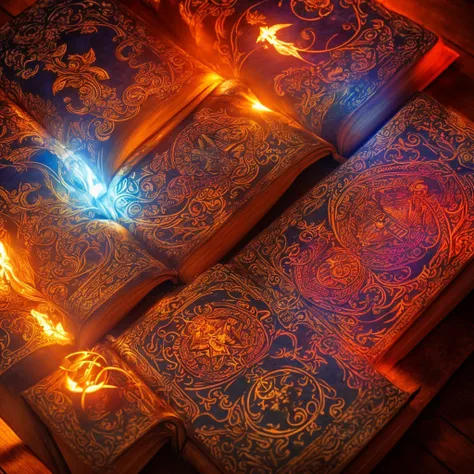 detailed fantasy magic book, glowing magical book, red fire magic, wizard conjuring, rpg fantasy, dramatic lighting, cinematic c...