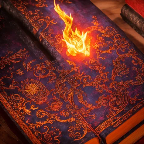 detailed fantasy magic book, glowing magical book, red fire magic, wizard conjuring, rpg fantasy, dramatic lighting, cinematic c...