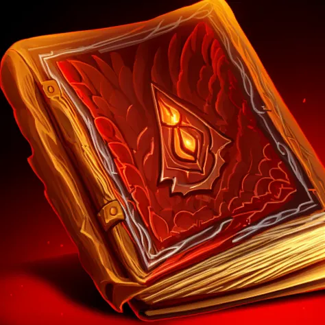 detailed fantasy magic book, glowing magical book, red fire magic, wizard conjuring, rpg fantasy, dramatic lighting, cinematic c...