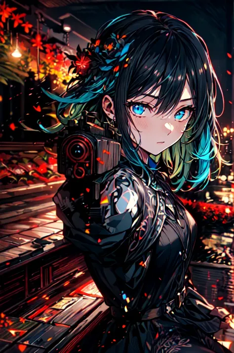 Beautiful hands, Beautiful dresasterpiece, (best quality:1.2), intricate details, ado, 1girl, multicolored hair, long hair, collared shirt, jacket, bangs, long sleeves, blue flower, (mature female:1.2), Ado, (dark blue hair, light blue inner), extra long h...