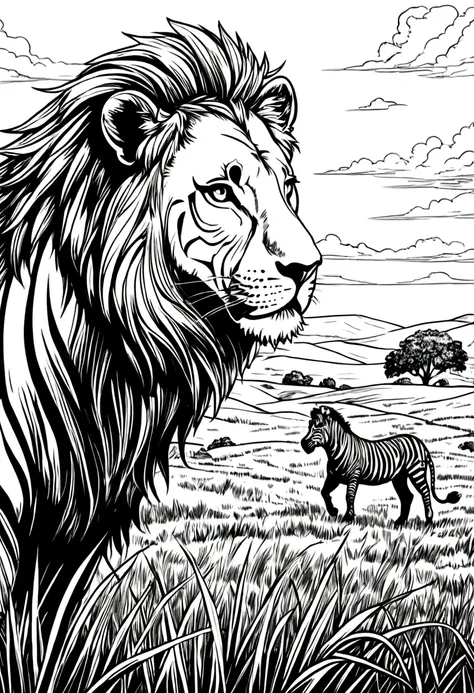 grassland，Lion hunting zebra，Black and white line drawing，Line Art