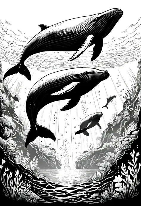 The underwater world，Humpback whales，Black and white line drawing，Line Art